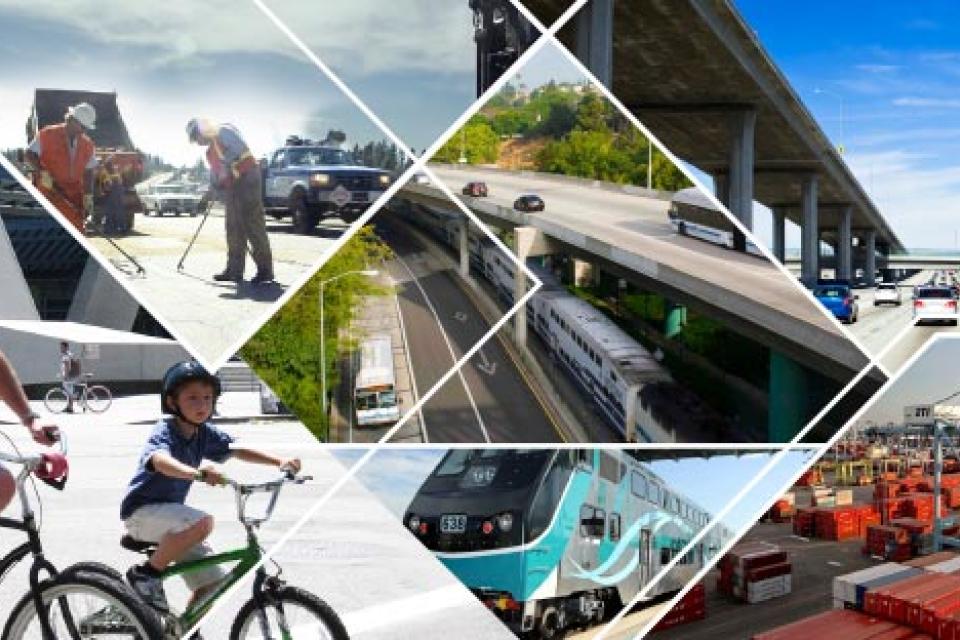 Cyclists, trains, highways, port, and construction workers in collage.