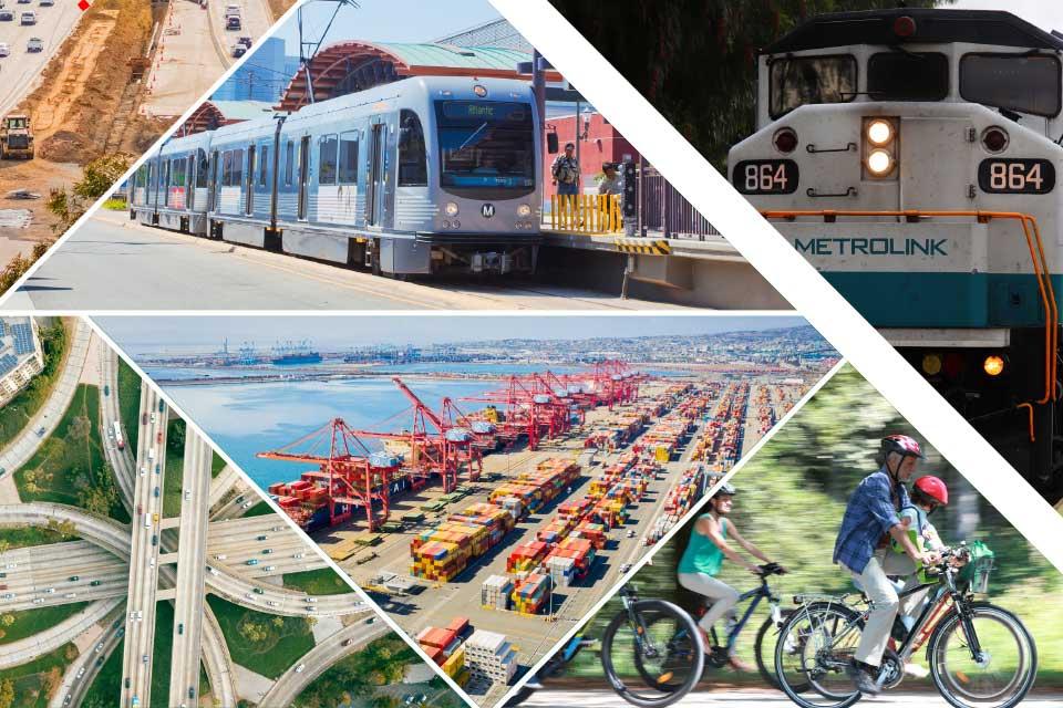 Transportation collage: highways, trains, a port, and cyclists.