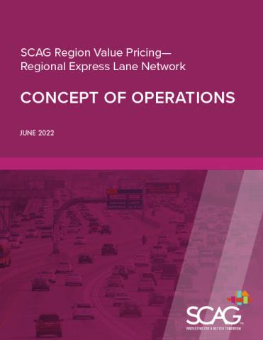 Pink cover with highway image, titled "CONCEPT OF OPERATIONS," SCAG logo at bottom.