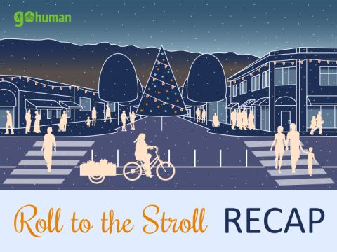 Holiday-themed street scene with people, a cyclist, and a decorated tree.
