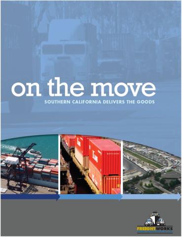 Blue transport-themed brochure cover with port, train, and highway images.