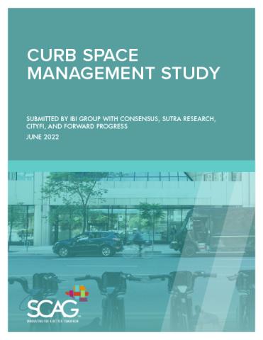Teal report cover titled "Curb Space Management Study" with cityscape background.