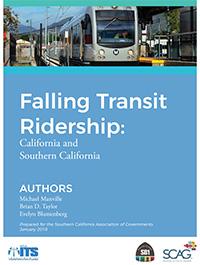 Report cover with a train and title "Falling Transit Ridership."